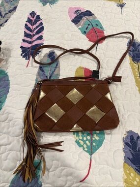 Braided Brown Crossbody Bag with Gold Accents and Tassel